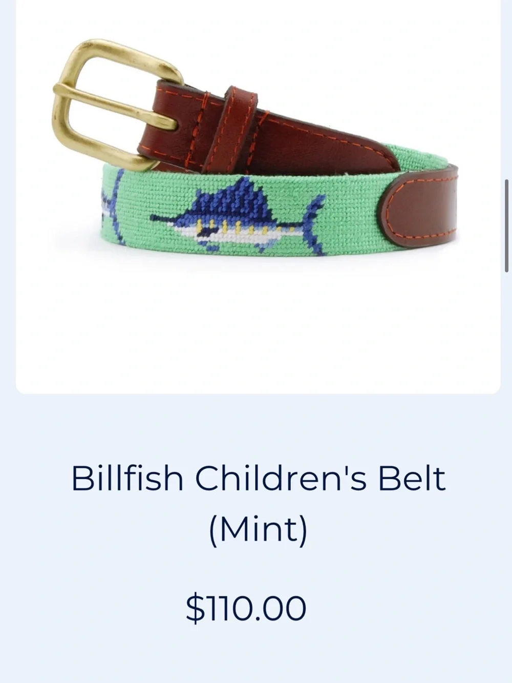 Smithers and Branson Children's Mint Billfish Needlepoint Belt - size Kids Large